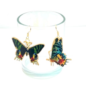 Madagascar Sunset Moth Mismatch Earrings, Vintage Illustration Jewelry, Nickel Free, Lightweight Custom Made To Order