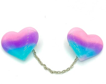 Pink Purple And Blue Glitter Heart Sweater Clips, Kitsch Collar Clips, Retro Sweater Guard