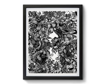 Black and White Art "Awkward", Emotional Abstract Flower Art, Monochrome Original Print, Line Wall Art, Gift, Award Winning Art