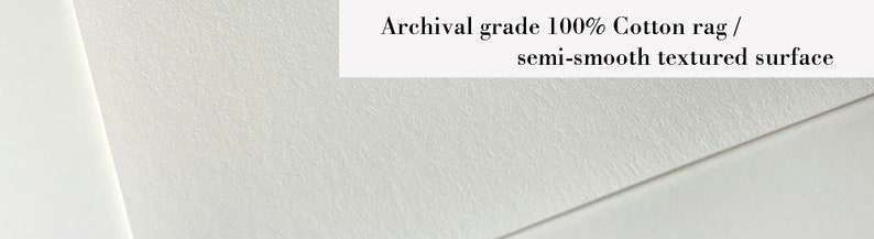 May include: Close-up of white paper with a semi-smooth textured surface. The text "Archival grade 100% Cotton rag / semi-smooth textured surface" is displayed on the paper. The paper has a slight angle.