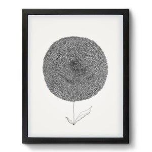 May include: Black framed art print featuring a detailed, circular design composed of small, textured dots. The artwork depicts a stylized flower with a stem and leaf, all in shades of gray and black against a white background.
