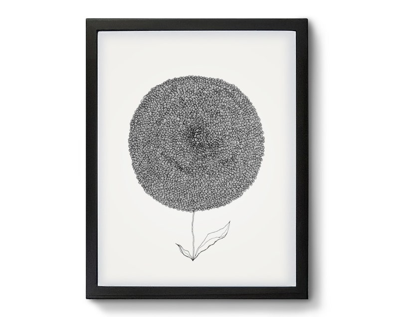 May include: Black framed art print featuring a detailed, circular design composed of small, textured dots. The artwork depicts a stylized flower with a stem and leaf, all in shades of gray and black against a white background.