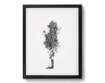 Black and White Art "I wish", Emotional Abstract Flower Art, Monochrome Original Print, Line Wall Art, Gift