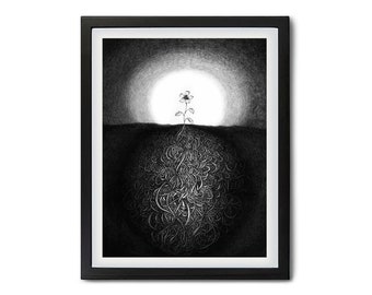 Black and White Art "Ambition", Emotional Abstract Flower Art, Monochrome Original Print, Line Wall Art, Gift, Award Winning Art