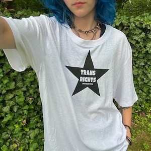 Black and White TRANS RIGHTS are f*cking Cool Star Screenprint Handmade Shirt Transgender Pride Design Hand Printed Trans Pride Shirt Large