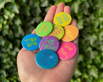Pronoun Button Pin 80s Theme Retro Neon Bright 1.25" Pronoun Pin She/her She/they They/she They/them They/he He/they He/him Any Pronouns Pin