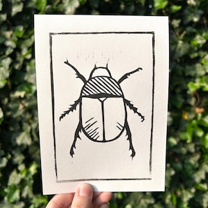 Beetle Linocut Print 5x7in Original Design Handmade Goth Decor Hand Carved Linoleum Print Beetle Bug Art Simple Print Wall Art Small Print