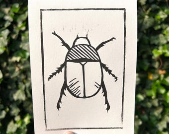 Beetle Linocut Print - Handmade Goth Wall Art (5x7in)