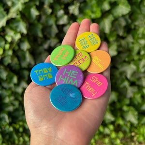 Pronoun Button Pin 80s Theme Retro Neon Bright 1.25&quot; Pronoun Pin She/her She/they They/she They/them They/he He/they He/him Any Pronouns Pin