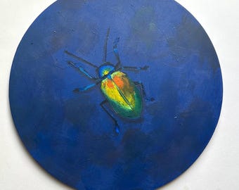 Dogbane Beetle Original Acrylic Painting on Indigo Background