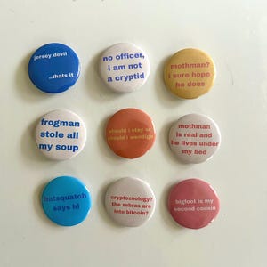 80s Cryptid Button Pins Funny Punk Vintage Button Mothman Frogman Jersey Devil Wendigo Bigfoot