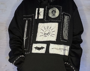 Handmade Punk Hoodie with Linocut Patches and Spikes – Unisex Large Alt Goth Emo Apparel