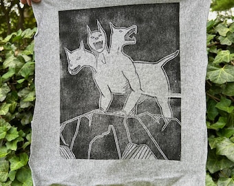 Cerberus Back Patch 8x10 design Cerberus Linocut Print Original design Creepy Dog Metal Punk Hand Printed Greek Mythology Hand Carved