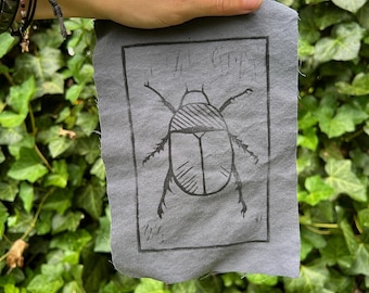 Beetle Patch Bug Design Cute Beetle Art Handmade patch Punk Metal Sew On Patch Linocut Design Hand Printed Fabric Patch