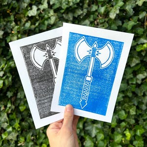 Battle Axe Linocut Print 5x7in Original Design Handmade Goth Emo Decor Hand Carved Linoleum Double Sided Axe Art Print Wall Art Small Print