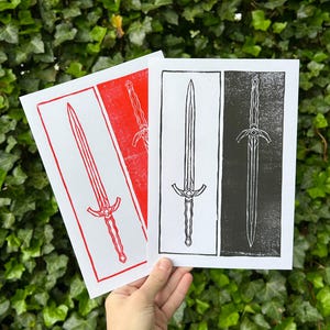 Sword Linocut Print Black and White Original Design 9x6in Fantasy Print Medieval Block Print Handmade Speedball Ink Printmaking Ren Faire