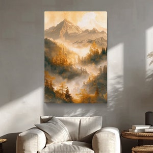 Stampa su tela Alba dorata sulle montagne nebbiose, arte murale rustica sulla natura, decorazione del paesaggio forestale, regalo stimolante per gli appassionati della natura