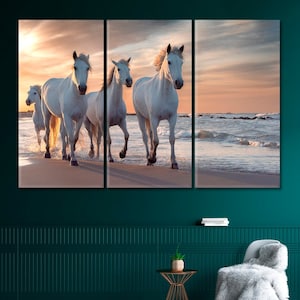Impression d'art toile chevaux blancs, décoration murale chevaux au galop, oeuvre d'art toile troupeau de chevaux blancs