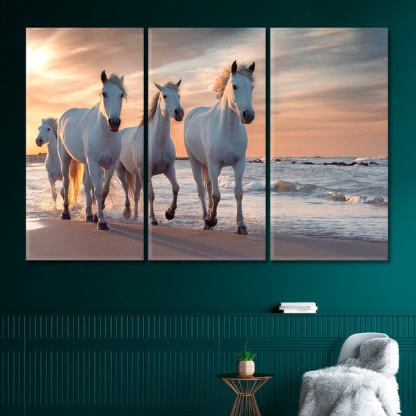 White Horses Canvas Art Print, Running Horses Wall Art Decor, Herd of White Horses Canvas Artwork