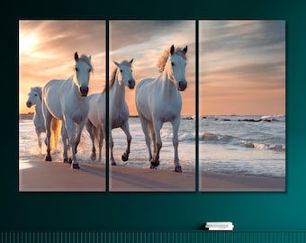White Horses Canvas Art Print, Running Horses Wall Art Decor, Herd of White Horses Canvas Artwork