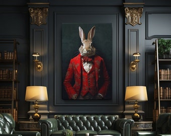 Rabbit Wall Art, Animals Wall Decor, Rabbit in Red Canvas Print, Elegant Rabbit in Suit Wall Art Decor, Unique Gift for Animal Enthusiasts