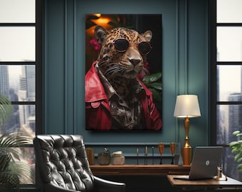 Stampa su tela raffigurante un leopardo in giacca di pelle rossa, fantastica opera d'arte antropomorfa da parete per ufficio o soggiorno, regalo unico per gli amanti degli animali.