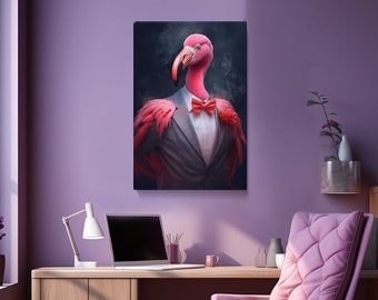 Dapper Flamingo in Suit Canvas Print, Vibrant Wall Art for Living Room, Fun Gift for Animal Lovers