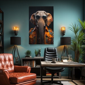 Elephant in Sunglasses Retro Style Canvas Print, Funky Wall Art for Living Room, Unique Gift for Animal Lovers