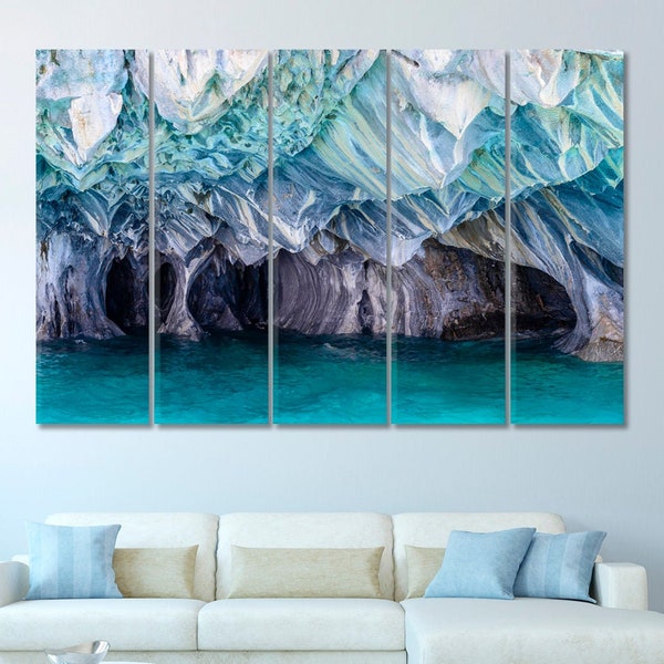 Marble Caves Canvas Art Print, Lake General Carrera Chile Print Home Wall Decor, Turquoise Canvas Artwork