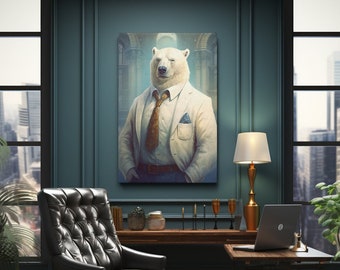 Elegante lienzo de oso polar con traje para sala de estar, un regalo único para los amantes del arte.