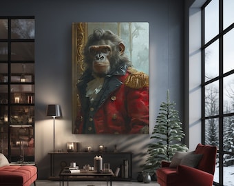 Aristocratic Chimpanzee in Red Coat Canvas Print, Elegant Wall Art for Living Room, Fun Gift for Animal Lovers