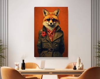 Impresión en lienzo de un zorro con gafas de sol, elegante arte de pared para sala de estar, un regalo divertido para amantes de los animales.