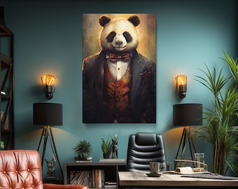 Charmante canvasprint panda in pak, elegante muurkunst voor studie, leuk cadeau voor dierenliefhebbers