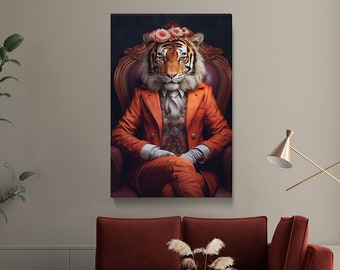 Elegant Tiger in Floral Crown Canvas Print for Living Room, Unique Gift for Art Enthusiasts