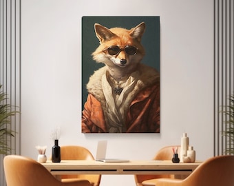 Impresión en lienzo de un elegante zorro con gafas de sol, elegante arte de pared para sala de estar, un regalo divertido para amantes de los animales.