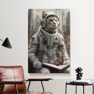 Cat Astronaut Reading Canvas Print, Futuristic Wall Art for Living Room, Unique Gift for Cat Enthusiasts