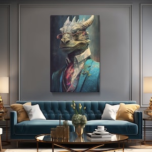 Sophisticated Dragon in Suit Canvas Print for Living Room, Unique Gift for Art Lovers