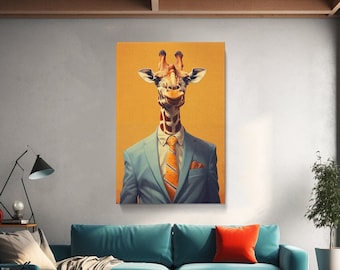 Chic Giraffe in Suit Canvas Print, Vibrant Wall Art for Living Room, Fun Gift for Animal Lovers