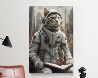 Cat Astronaut Reading Canvas Print, Futuristic Wall Art for Living Room, Unique Gift for Cat Enthusiasts