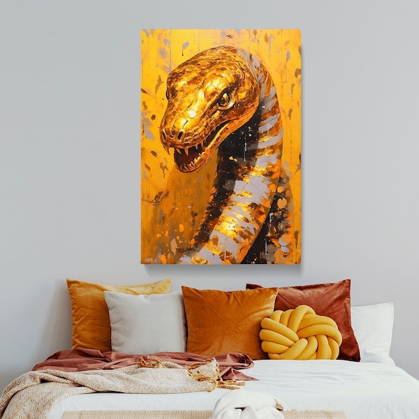 Striking Golden Snake Canvas Print, Exotic Reptile Art for Sophisticated Interiors, Perfect Gift for Herpetology Enthusiasts