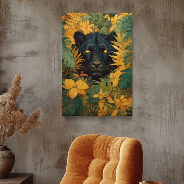 Enigmatic Black Panther in Jungle Canvas Print, Vibrant Nature Art for Home Decor, Perfect Gift for Wildlife Admirers