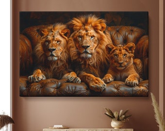 Regal Lion Family Canvas Print, Majestic Lion Lounge Wall Art, Sophisticated Living Room Decor, Ideal Gift for Nature Lovers