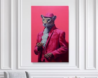 Stampa su tela raffigurante un leopardo in abito rosa con cappello, decorazione murale antropomorfa per ufficio o soggiorno, regalo unico per gli amanti degli animali.