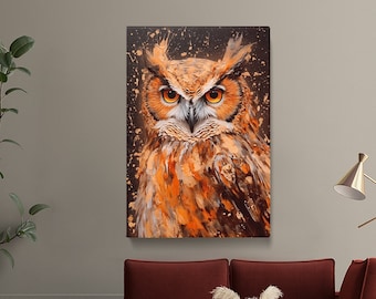 Fiery Orange Owl Canvas Print, Bold Office Decor, Vibrant Bird-Themed Artwork, Ideal Gift for Nature Lovers