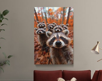 Playful Raccoon Family Canvas Print for Nature Lovers, Perfect Forest Wall Art Gift