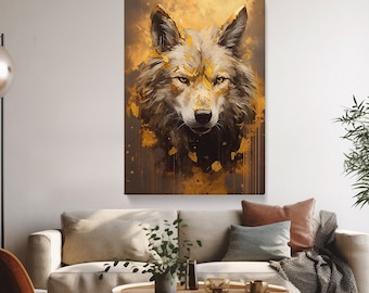 Mystic Golden Wolf Canvas Print, Enigmatic Wilderness Decor, Captivating Wolf-Themed Artwork, Ideal Gift for Nature Aficionados