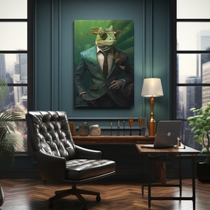 Chameleon in Elegant Suit with Glasses Canvas Print, Stylish Wall Art for Living Room, Unique Gift for Animal Lovers