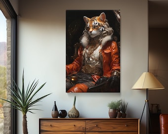 Elegant Tiger in Regal Attire Canvas Print for Living Room, Unique Gift for Art Enthusiasts