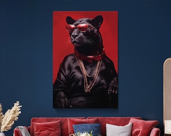 Regal Black Panther in Red Glasses Canvas Print, Elegant Wall Art for Living Room, Fun Gift for Animal Lovers