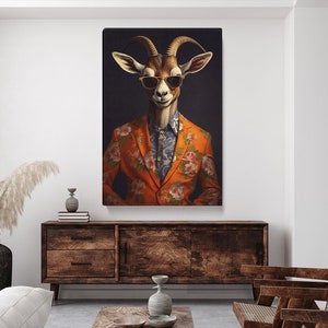 Stylish Gazelle in Floral Suit Canvas Print, Vibrant Wall Art for Living Room, Fun Gift for Animal Lovers